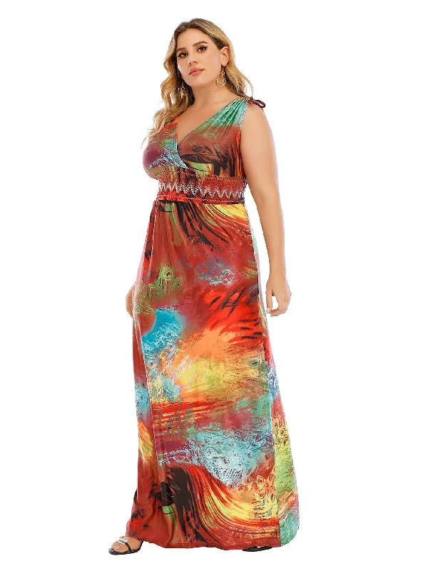 Nursing DressKittenAlarm - Plus Size Tie Shoulder Smocked Waist Maxi Dress