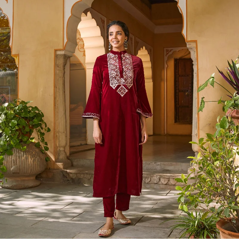 Maroon Velvet Embroidered Kurta with Bell Sleeves