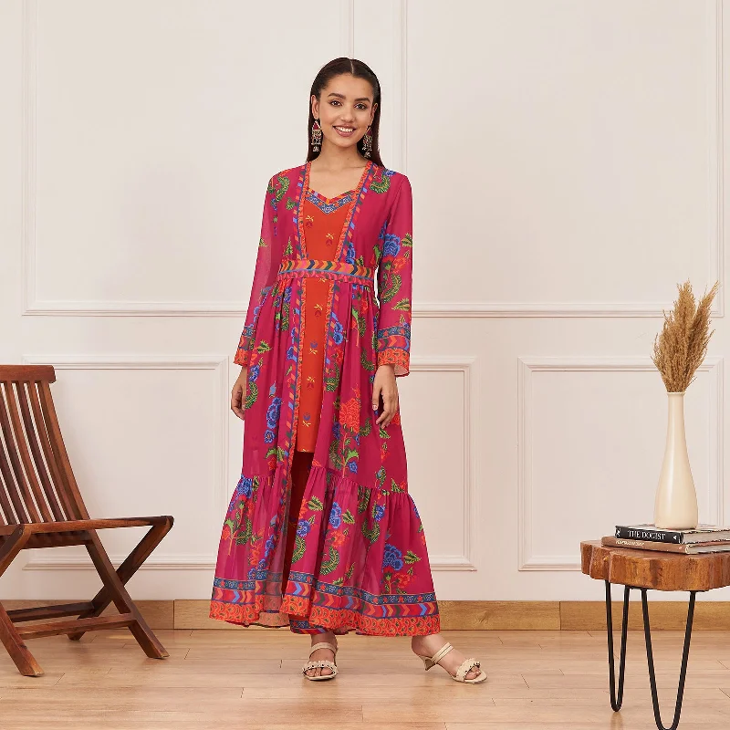 Orange Printed Tunic and Pant Set with Pink Tiered Long Shrug and Belt