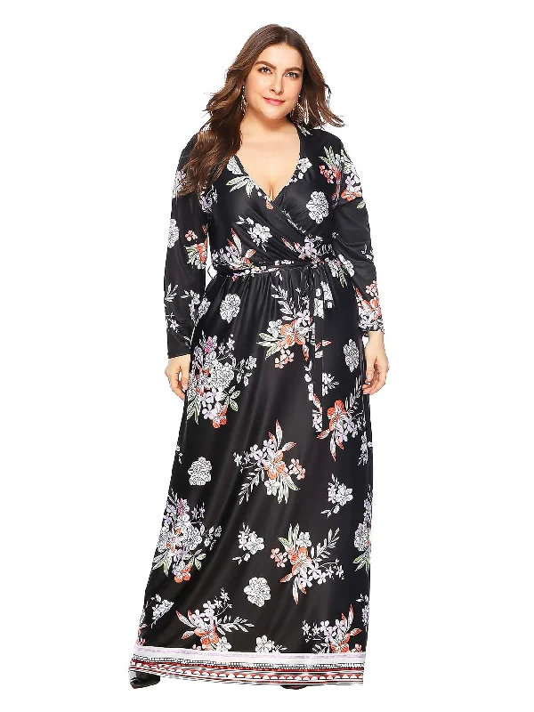 women's maximalist dressesKittenAlarm - Plus Allover Floral Print Self Tie Maxi Dress