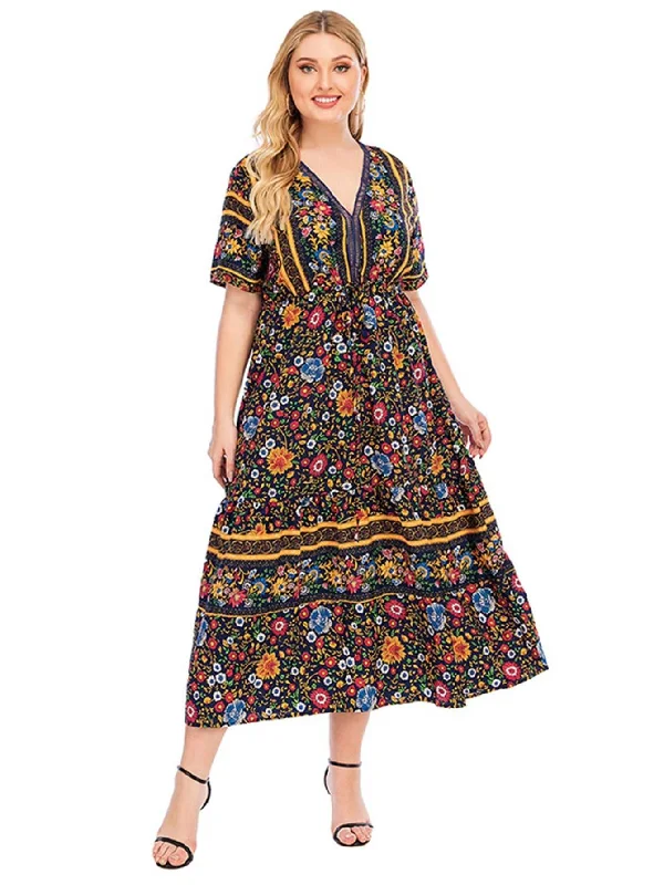 women's limited-edition dressesKittenAlarm - Short Sleeve V-Neck Bohemian Maxi dress