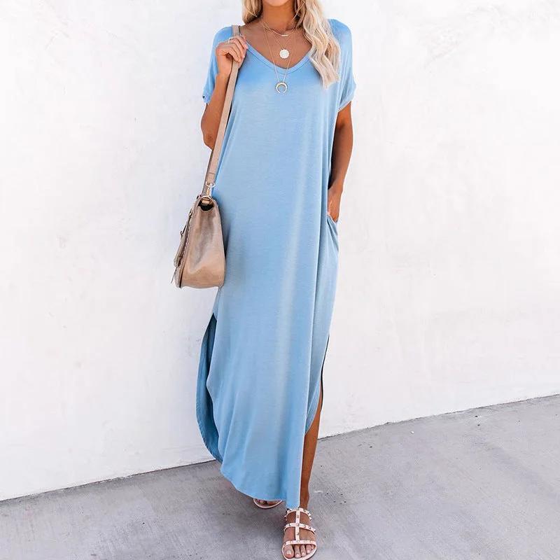 women's solid color dressesFarmers Market Pocketed Modal Maxi Dress - Blue