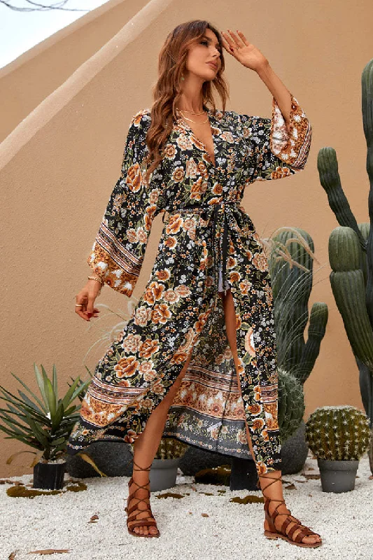 Sleeveless DressShaken Leaves Floral Boho Maxi Dress