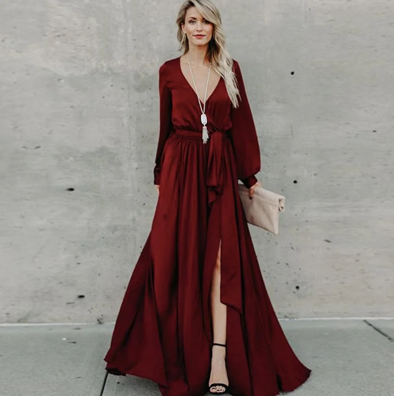 women's one-shoulder dressesKittenAlarm - Women Casual Long Sleeve V Neck Slit hem Maxi Dress Belted Solid Color Ladies Elegant Long Dress