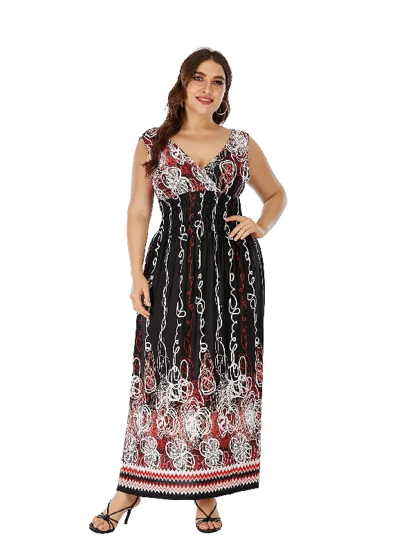 women's trendy dressesKittenAlarm - Plus Size Double V-neck Paisley Print High Elastic Waist Maxi Dress Beach Dress