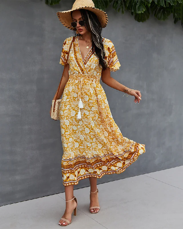 Velvet DressNadine Floral Smocked Maxi Dress - Mustard