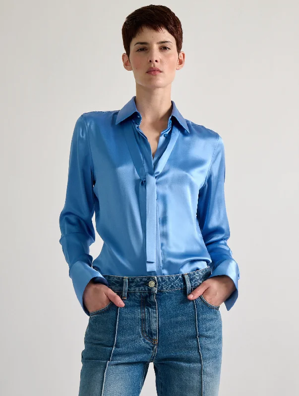 women's tops for those who want to create stylish and put-together outfits without spending a fortuneBlue silk satin lavallière shirt