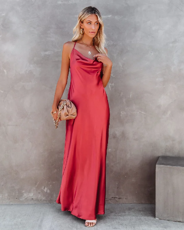 Casual DressLove Letter Satin Cowl Neck Maxi Dress - Rust