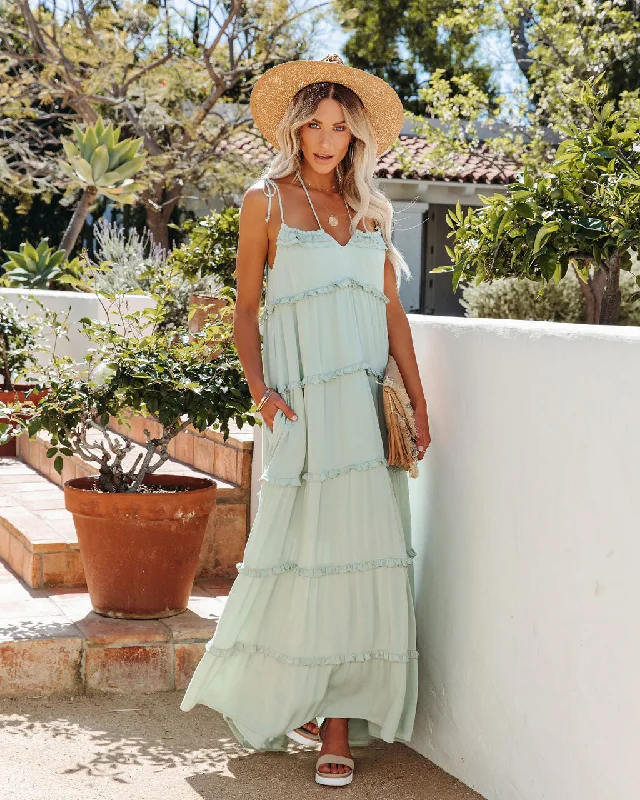 women's sleeveless dressesLeighton Pocketed Ruffle Tiered Maxi Dress - Misty Jade