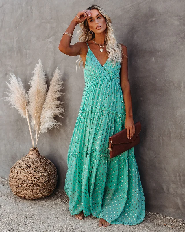 women's cotton dressesFathoms Below Adjustable Metallic Tiered Maxi Dress - Seafoam