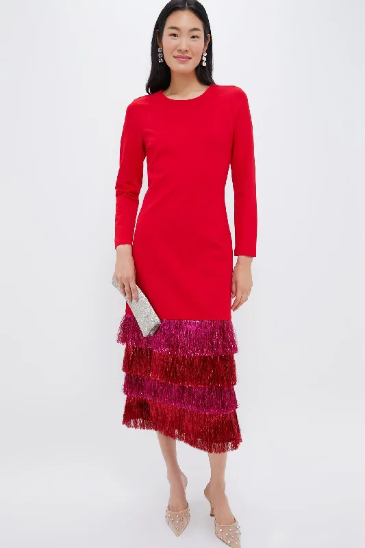 Wrap DressRed & Pink Metallic Fringe Francie Long Sleeve Maxi Dress