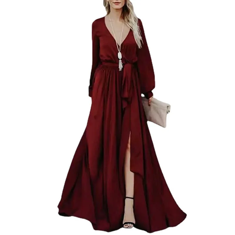 women's evening dressesGlitzy Night Satin Belted Maxi Dress