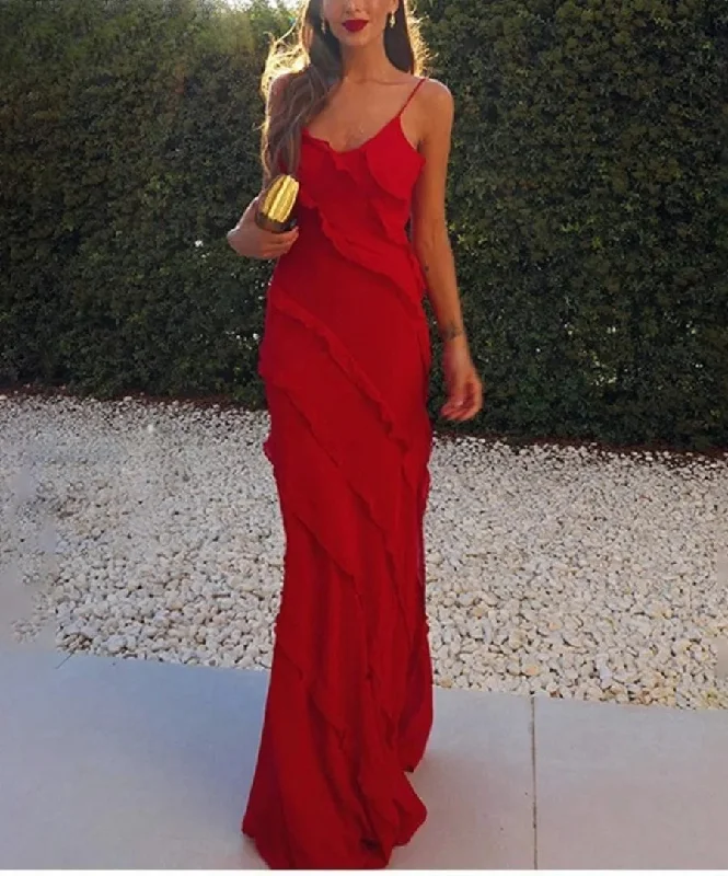 Velveteen DressRuffles Chiffon Backless Split Maxi Red Christmas Party Dress