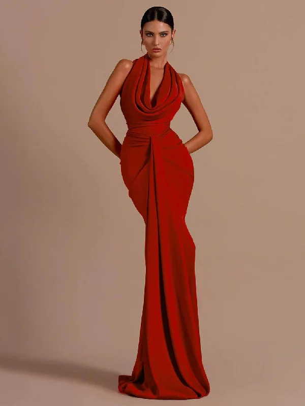 women's work dressesRed Backless Halter V-Neck Maxi Bodycon Christmas Party Dress