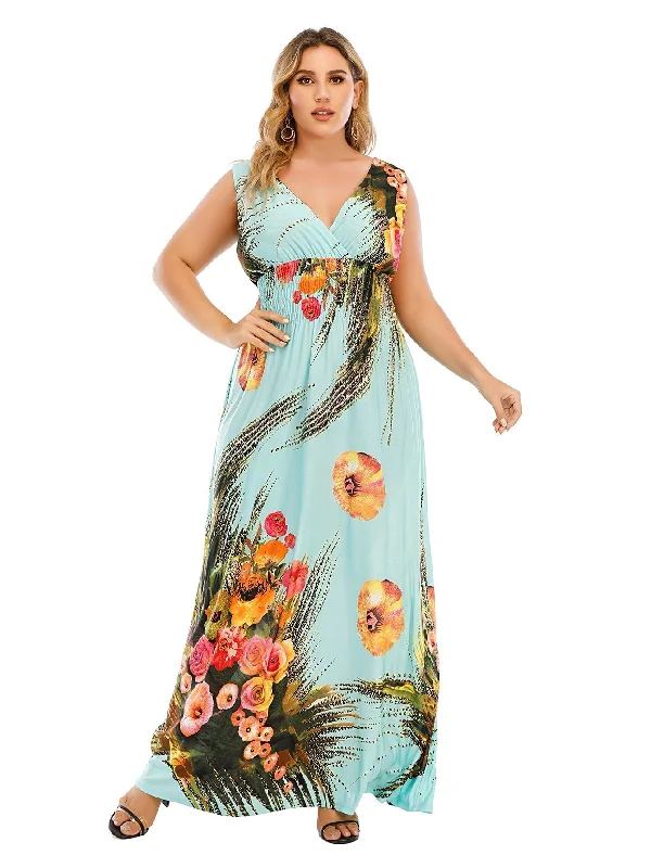 women's vintage dressesKittenAlarm - Plus Size Surplice Neck Smocked Waist Maxi Dress