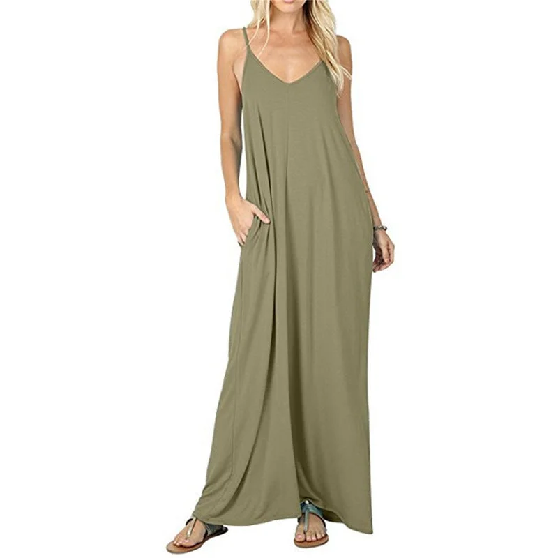 women's satin dressesOlivian Pocketed Maxi Dress - Moss Green