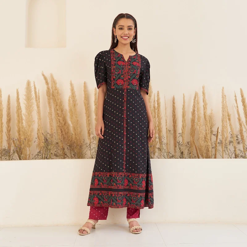 Black Bandhani Inspired Kurta Pant Co-ord Set for Women with Puff Sleeves