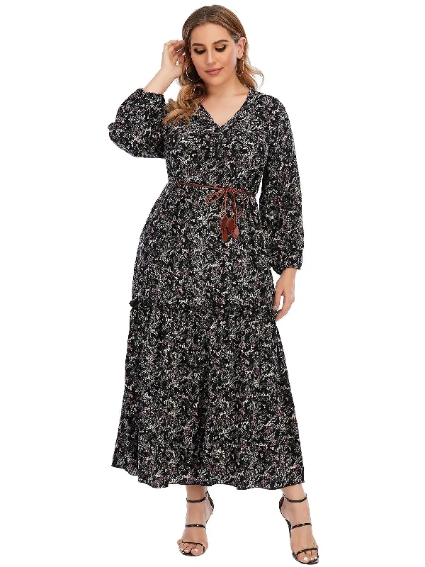 women's breathable dressesKittenAlarm - Plus Size Paisley Print Ruffled Hem Maxi Dress with Waist Belt