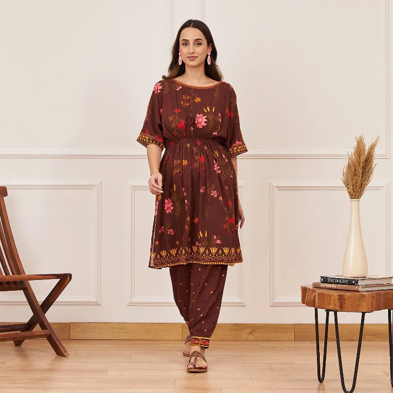 Brown Floral Drawstring Kurta Salwar Co ord Set