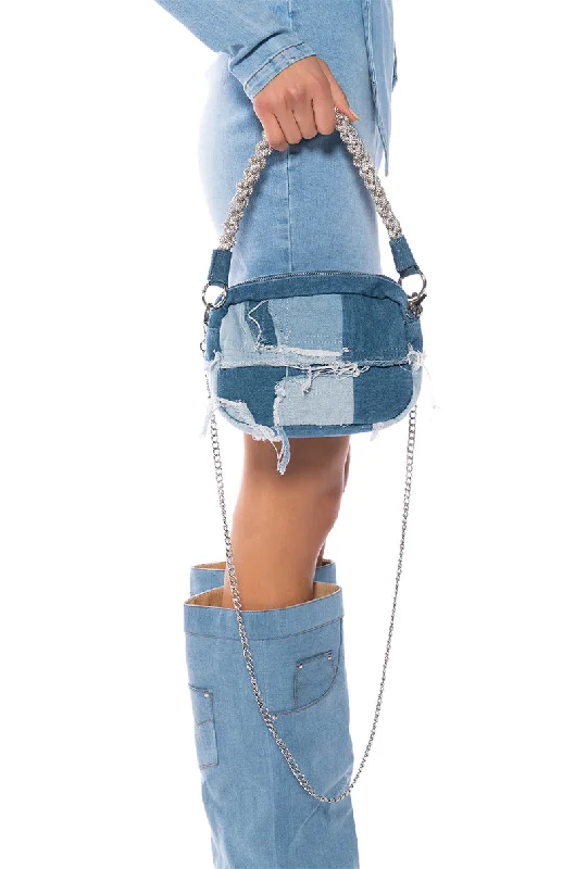 TANIA DENIM PATCH BAG WITH DIAMOND STRAP