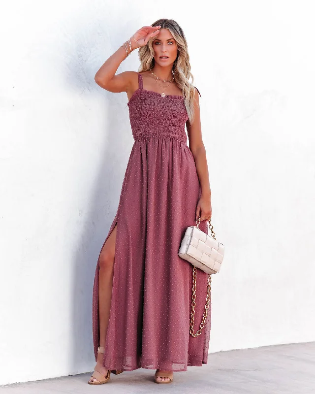 women's vacation dressesHazelle Smocked Swiss Dot Maxi Dress - Dark Mauve