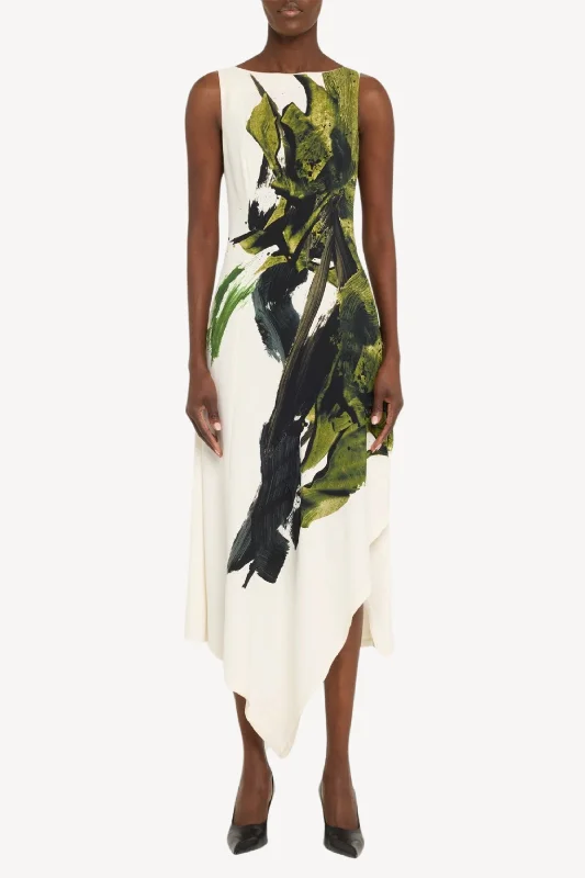 Halter DressBOATNECK FIT AND FLARE CREPE DRESS WITH BRUSHSTROKE PRINT