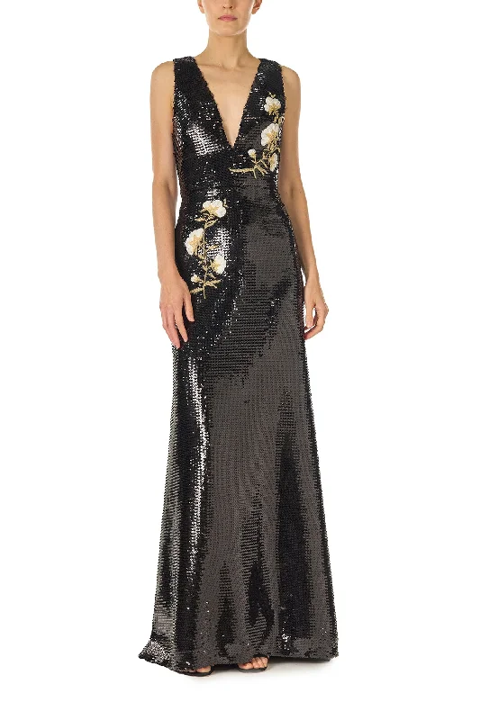 women's beach dressesEmbroidered Sequin V-Neck Gown