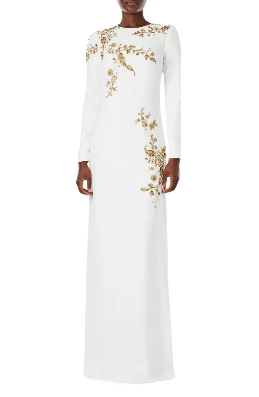 Crepe DressEmbroidered Long Sleeve Column Gown