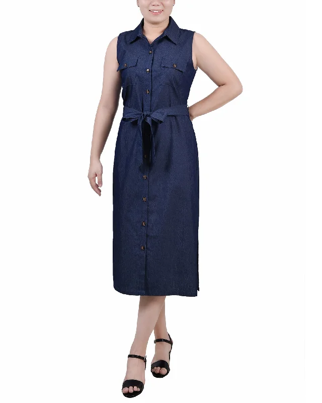 Laced-Up DressSleeveless Belted Chambray Dress