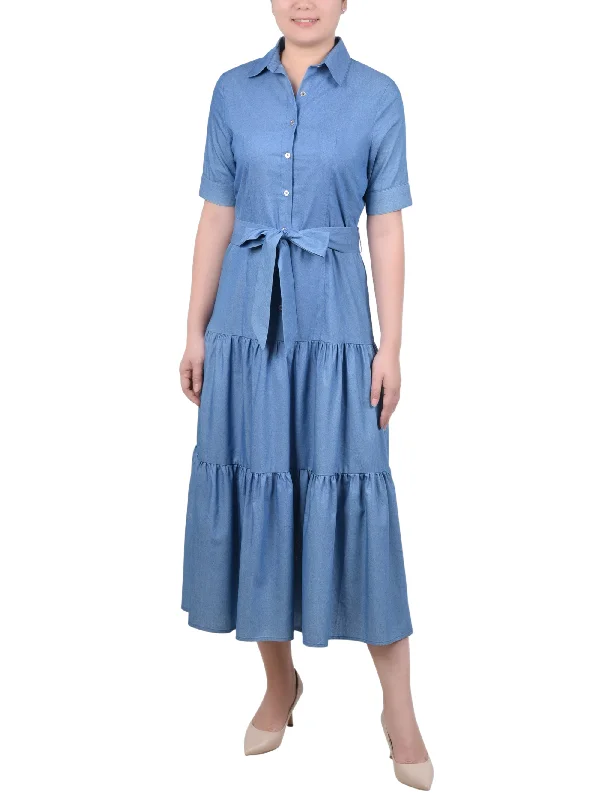 women's checkered dressesShort Sleeve Belted Chambray Dress