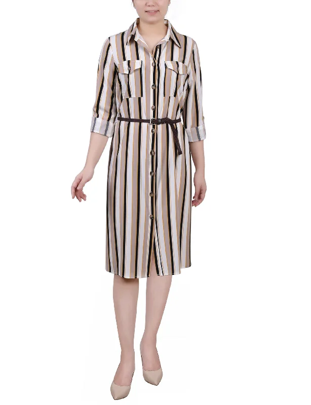 A-Line DressPetite 3/4 Roll Tab Sleeve Shirtdress