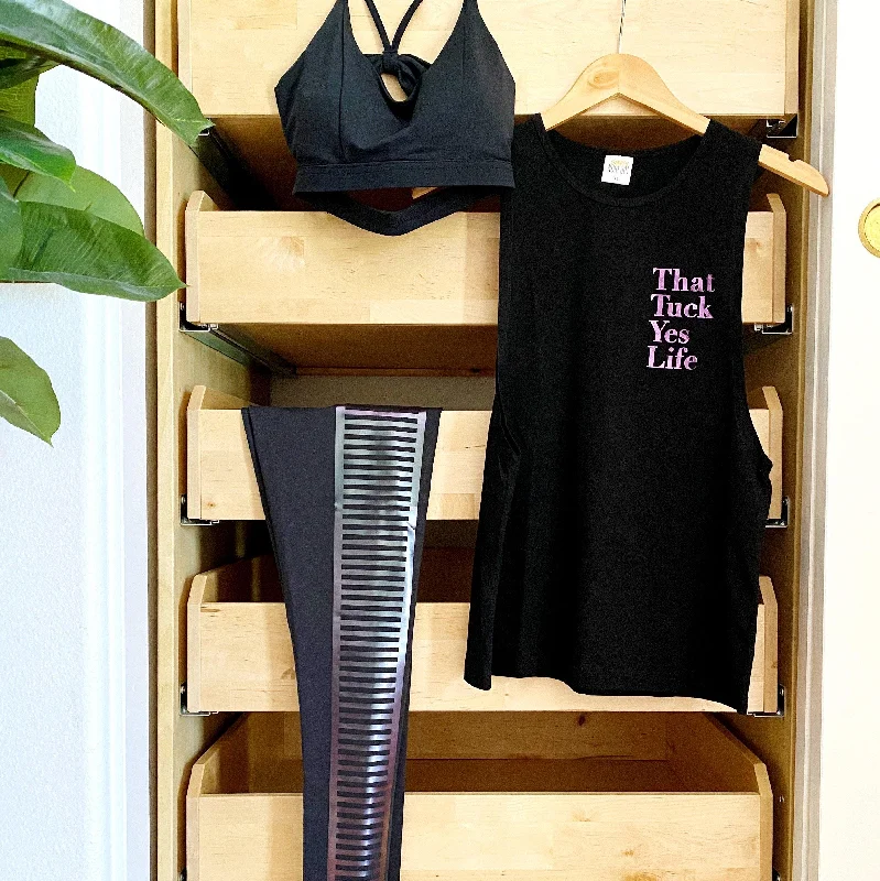 women's tops for those who value both quality and affordabilityTuck Yes Life - Black Muscle Tank with Purple Foil