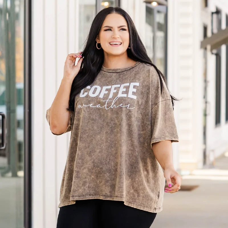 women's tops with asymmetrical designsCoffee Weather Acid Wash Boyfriend Tee, Rust Brown