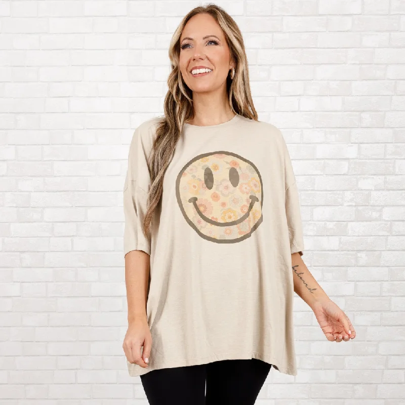 women's tops for those who love bold and vibrant colorsFlowers Make Me Smile Boyfriend Tee, Heather Beige