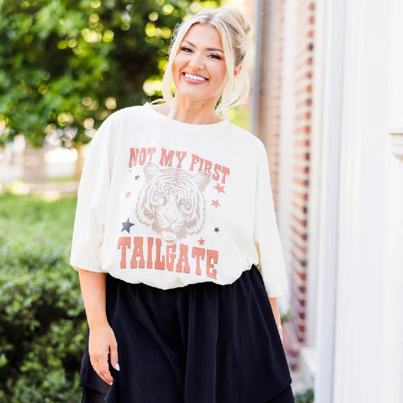 women's tops for vintage fashion enthusiastsNot My First Tailgate Boyfriend Tee, Ivory