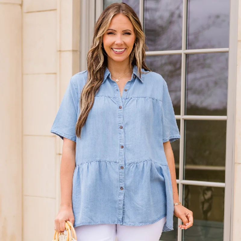 chic women's tops for everyday wearSomething To Do Top, Light Denim