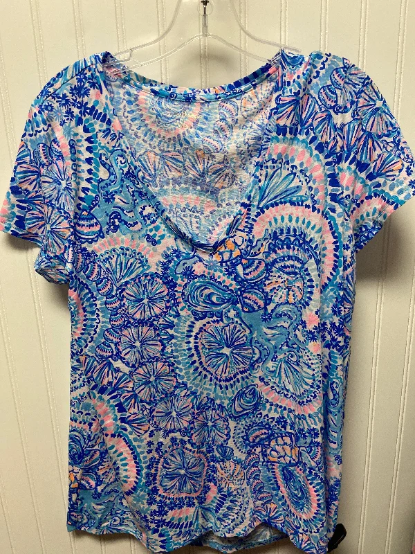 women's tops with sequin embellishmentsTop Short Sleeve Designer By Lilly Pulitzer In Blue & White, Size: L