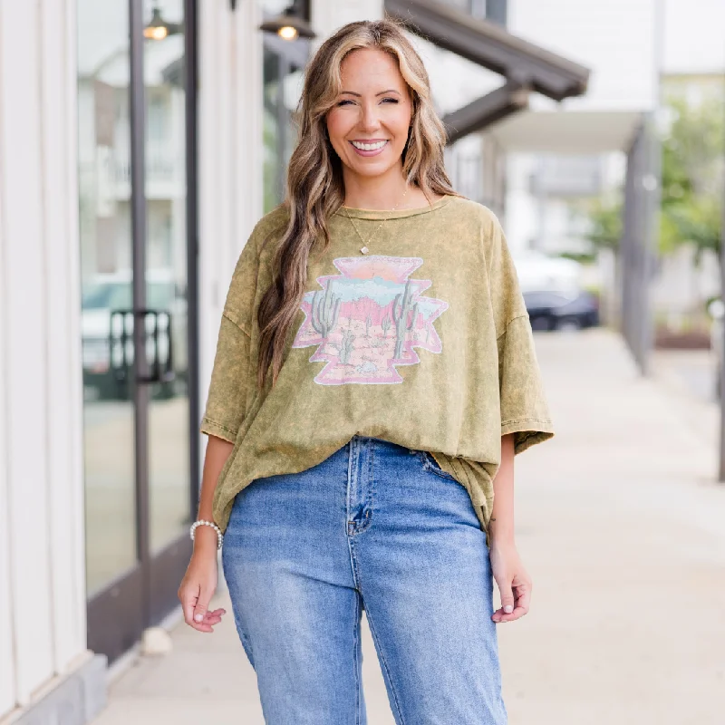 women's tops for those who want to elevate their everyday wear with chic and elegant piecesWild Out Here Acid Wash Boyfriend Tee, Golden Olive